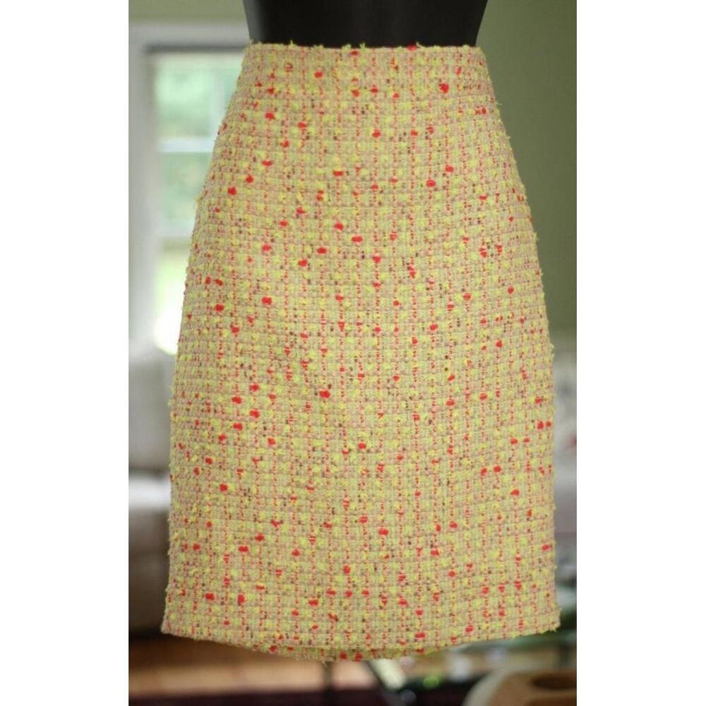 J Crew Womens Tweed Skirt Bouclé Knee Length No. 2 Pencil Yellow Neon Pink Sz 14